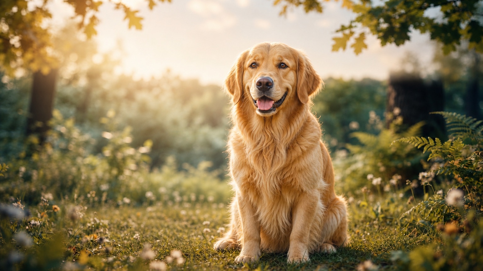 Cachorro em repouso tranquilo sob luz dourada, transmitindo serenidade e paz