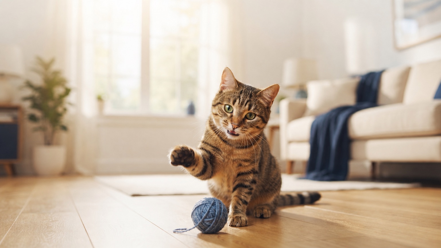 Gato sereno em ambiente acolhedor com luz suave, transmitindo conforto e tranquilidade